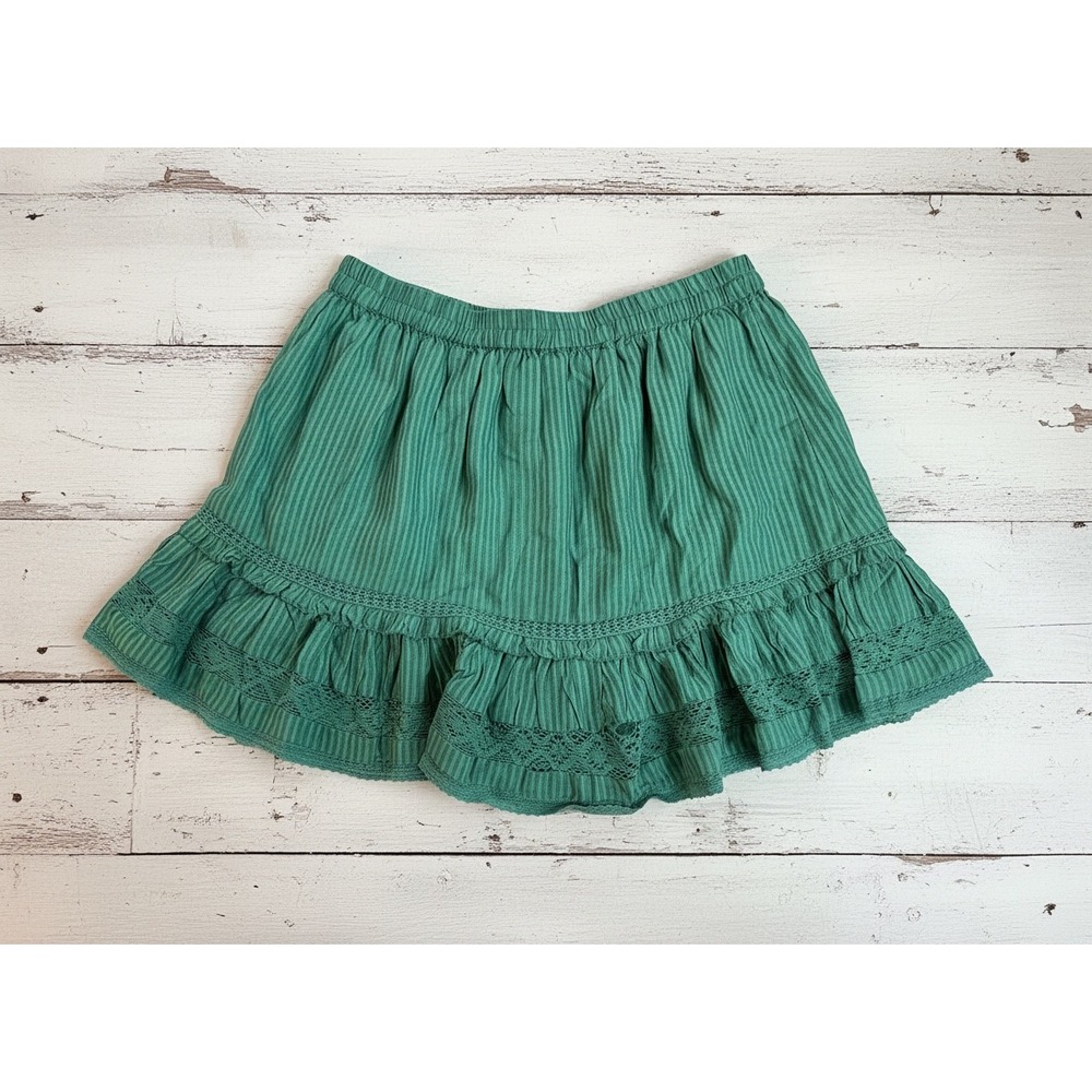 NEW Urban Outfitters Green Ruffle Mini Skirt Lace Trim Stripe Tiered Size L